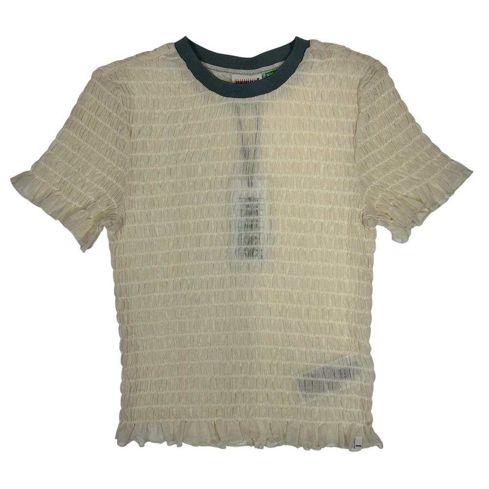 Guess Originals Women Smocked Mesh Tee Sandy Shore Cream Green Ringer W5GP51 M